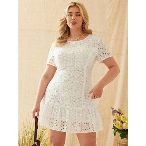 2021 Summer Casual Dress Women O Neck Short Sleeve Hollow Out Ruffles Short Mini Dress White Plus Size Women Clothing