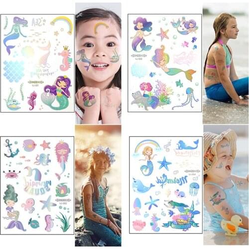 1 Sheet Shiny Laser Little Mermaid Tattoo Stickers For Hawaiian Pool Party Decoration Girl Toy Fake Tattoo Supplies