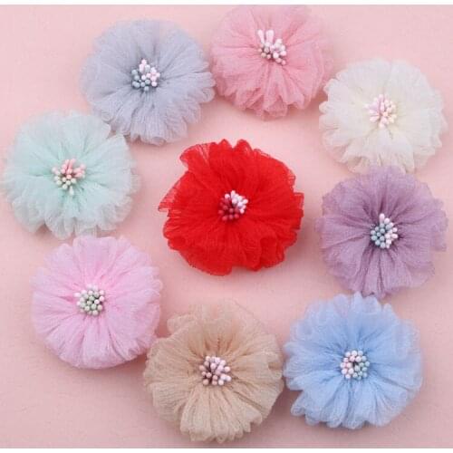 Handmade Chiffon Lace Fabric Flower 10pcs 50mm Flatback Ornament Accessories Girl hair Jewelry headband Garment Floral Stickers