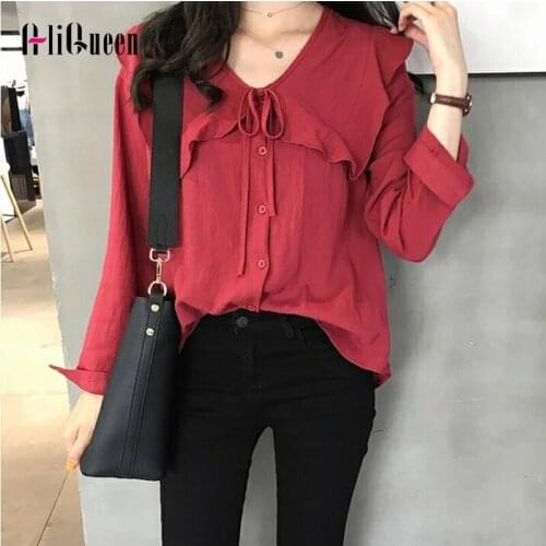 2020 Autumn Peter Pan Collar Sweet Casual Blouses Women Bow Tie Lace Up Long Sleeve Shirts Female Yellow Top Plus Size Tops 4XL