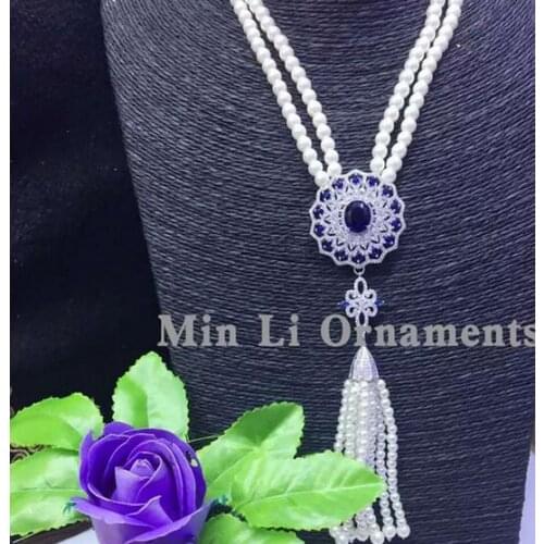 Free shipping 2row Long hair clothing chain sun flower tassel 8mm shell Pearl CZ Necklace Pendant 925 silver