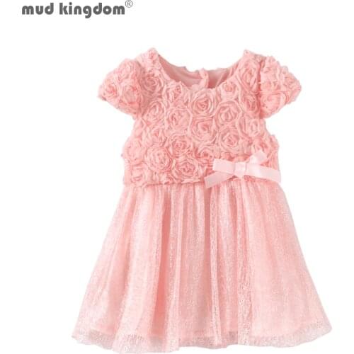 Mudkingdom Baby Girls Dress Flower Lace Bow short Sleeve Party Princess Dress Autumn kids clothes