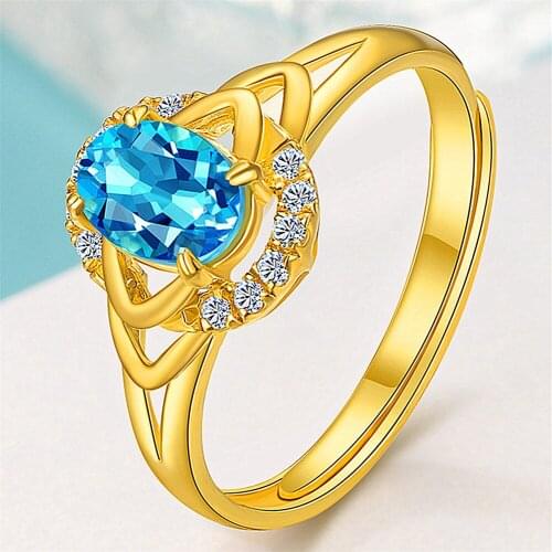 Elegant blue crystal aquamarine topaz gemstones diamonds rings for women gold tone jewelry bijoux bague gift party accessories