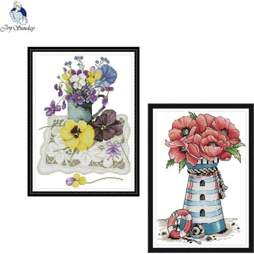 DIY Handmade DMC Cotton thread Cross stitch,Sets For Embroidery,A Vase On a Lace Mat and Flowers Lighthouse Printed Cross-Stitch