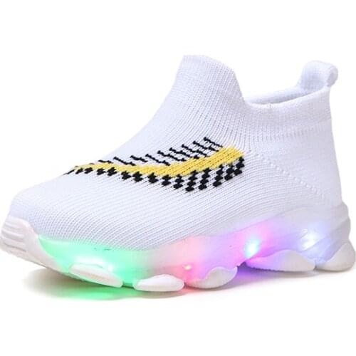 LED Lights Socks Shoes Boys Girls Sneakers 2020 Autumn and Summer Breathable Flying Woven Sports Shoes Feathers Shiny Sneakers
