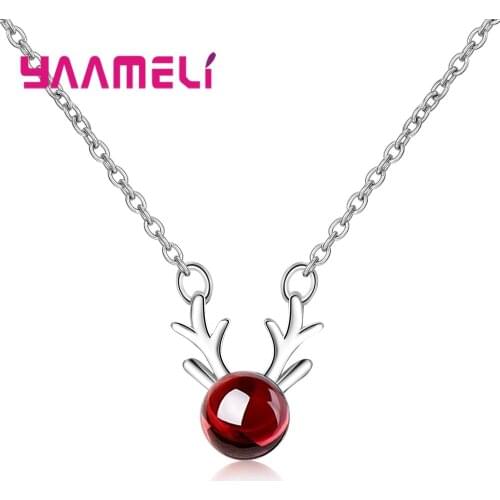 Sweet Style 925 Sterling Silver Elk Deer Antlers Necklace Round Red Garnet Pendant Necklaces For Women Girls Christmas Gifts