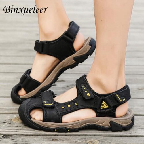 Mens Closed Toe Genuine Leather Sandals Men Summer Shoes Sandals Flat Gladiator Sandals 2019 New