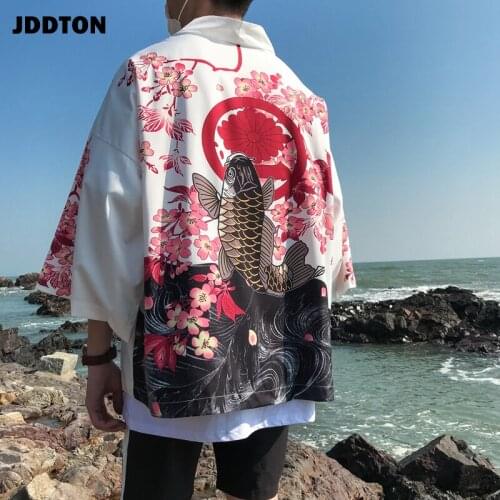 JDDTON Mens Summer Janpan Kimono Cardigan Long Carp Print Floral Casual Jackets Traditional Jpanese Clothing Streetwear JE087