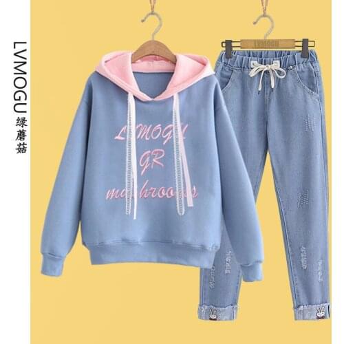 Autumn Womens Junior High School Girl Suit Fashion Sweater Sports Casual Jeans Suit Two-piece Suit