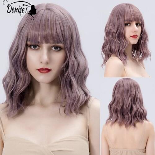 Purple Medium Wave Ombre Daily Hair Synthetic Wigs With Bangs For White Women Natural Cosplay Heat Resistant Fiber Female Wig