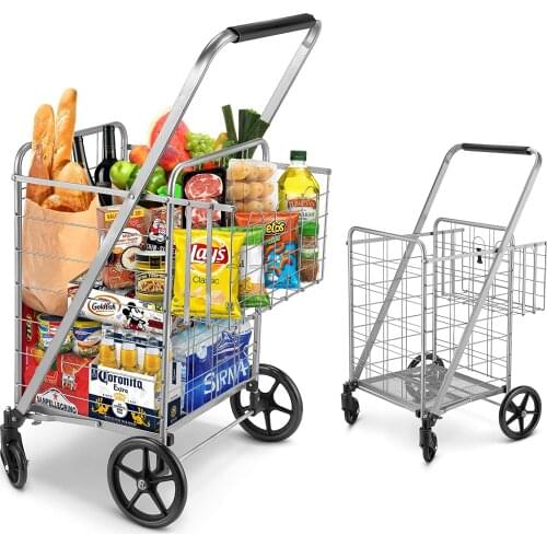 Portable Jumbo Double Basket Shopping Trolley 360° Rotating Wheels Super Loading Utility Shopping Trolley