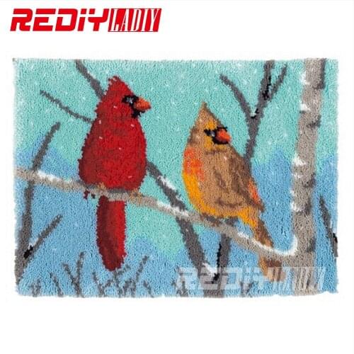 REDIY LADIY Latch Hook Rug Kit Winter Birds Wall Tapestry Floor Mat Pre-Printed Canvas Cushion DIY Yarn Crocheting Carpet Rug
