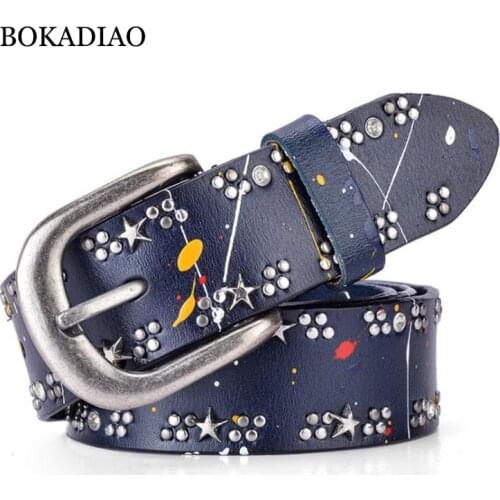 BOKADIAO Hot womens genuine leather belt Punk star Rivets luxury brand designer belts for women fashion female jeans belt Black