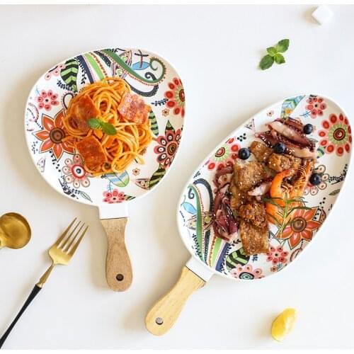 Nordic Dinner Plates Ceramic Dish Steak Salad Tray with Wooden Handle Christmas Steak Plates Home Decor Oval Dishes Drop Ship