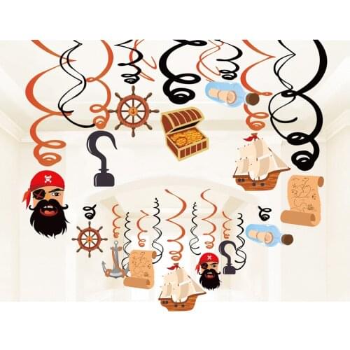 30pcs Caribbean Pirate Foil Spirals Kids Party Favors Ceiling PVC Hanging Swirls Nautical Pirate Baby Shower Party Dcorations
