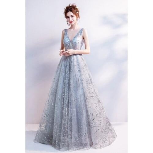 2021 Gray Evening Dresses V-neck Sleeveless Luxury Sequines Beads A-Line Long Princess Wedding Pageant Guest Celebrity Prom Gown