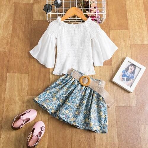 Girls Princess Clothes Set Flare Sleeve Off Shoulder Tops +Flower Print Skirt Sweet Kids Summer Outfit For 3 4 5 6 7 Year