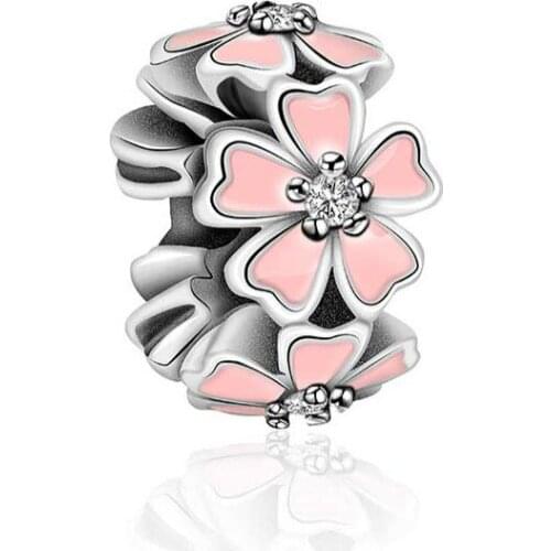 2019 NEW 100% 925 Sterling Silver Temperament Pink Flowers Spacer Suitable DIY Bracelet Women Jewelry Gift Factory Direct