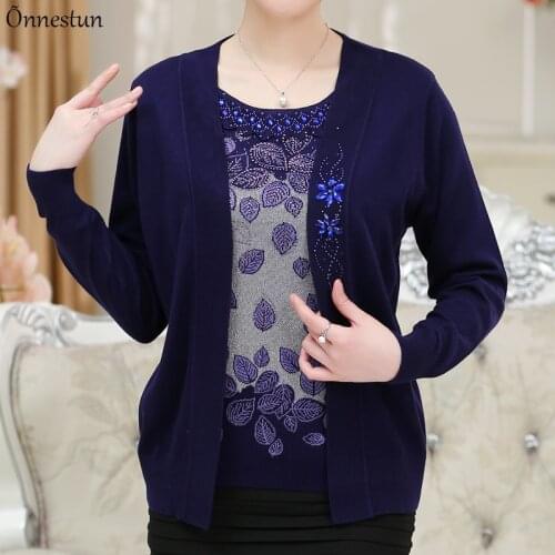 Fake Two Pieces Sets Sweater Women Autumn Long Sleeve Mother Sweater Pullover Pull Femme Plus Size Print Sweater For Women