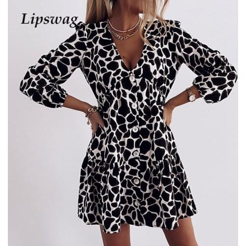Spring Autumn Elegant V Neck Mini Dress Fashion Long Sleeve Ruffle A-Line Dress Vintage Women Dot Leopard Print Party Dress XXL