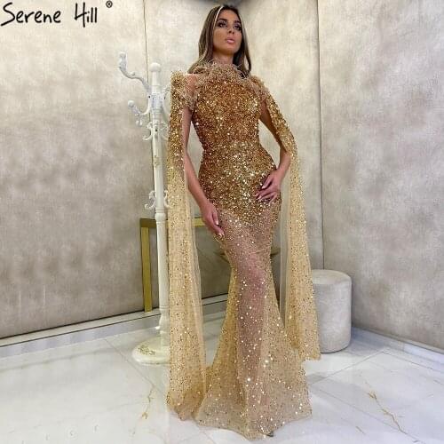 Gold Luxury Elegant Mermaid Evening Dresses Gowns Long 2020 Caps Sleeves Beading Sexy For Women Party BLA70833 Serene Hill
