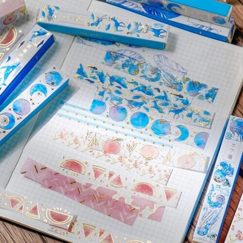 20 Sheets /Pack Long Sticker Peach Blue Feather Golden Stamping DIY Decorative Tape Stickers Paper Household Decoration