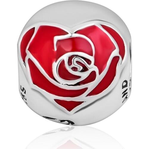 CKK Genuine 925 Sterling Silver Red Blooming Rose Flower Metal Beads Fits Pandora Bracelet Argent Charms DIY Jewelry Accessories