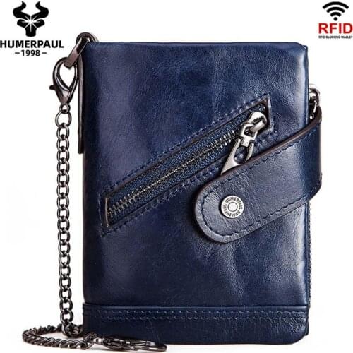 Mens Wallet Double Zipper Hasp Cowhide Genuine Leather RFID Proof Chain Wallets Luxury Design Male Purse Money Clip Card Holder