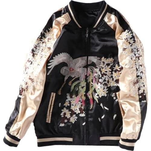 Two Sides Wear Baseball Jacket Smooth Satin Women Chic Fashion Casual Luxury Phoenix Embroiderey Loose Outerwear Yokosuka Coat