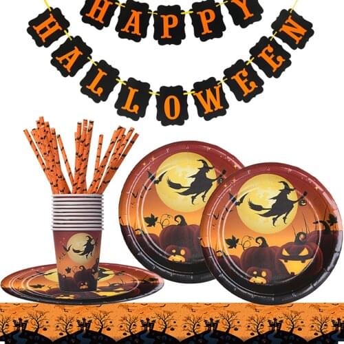 Halloween Witch Spider Pumpkin Tablecloths Straws Paper Plates Paper Cups Halloween Party Supplies Halloween Home Decor