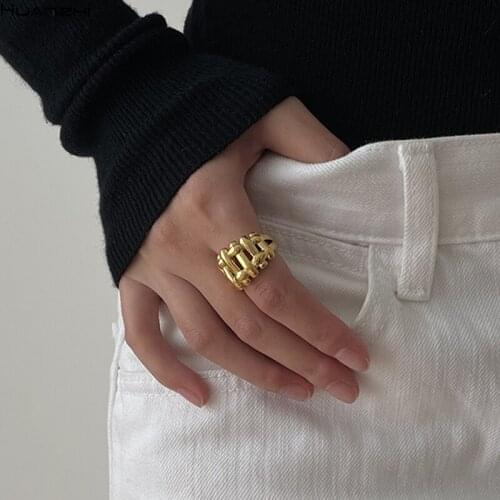 HUANZHI 2020 New Vintage Metal Gold Silver Color Weave Wide Exaggeration Hollow Opening Adjustable Rings for Couple Jewellery