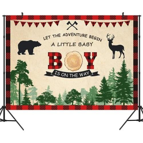 Lumberjack Baby Shower Thin Vinyl Backdrop Buffalo Plaid Wilderness Bear Deer Photography Background Boy Prince Infant Banner