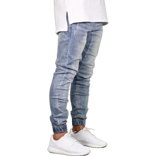 Fashion Mens Jogger Jeans Casual mens black blue Stretch Hip Hop Beam foot Denim Jeans male slim Solid color Washed jeans