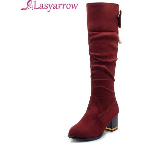 Lasyarrow Motorcycle Boots Winter Knee High Boots Sexy Fashion Boots for Women Pleated Snow Knight Boots Winter Large Size Shoes
