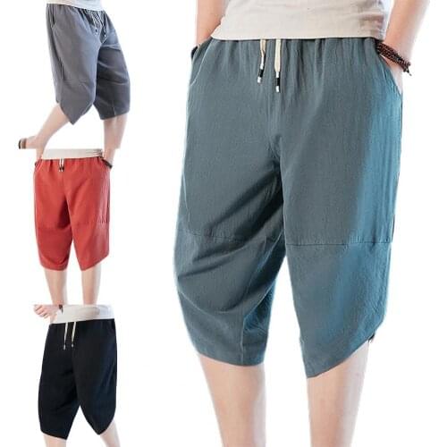 2021 New Summer Solid Color Capri Pants Elastic Waist Men Wide Leg Irregular Hem Thin Men Pants Sweatpants