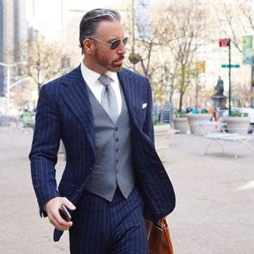 2021 Costume Homme Blue Stripe 3 Piece Slim Fit Men Suit Light Grey Waistcoat Custom Groom Wedding Tuxedo Prom Wedding Men Suit