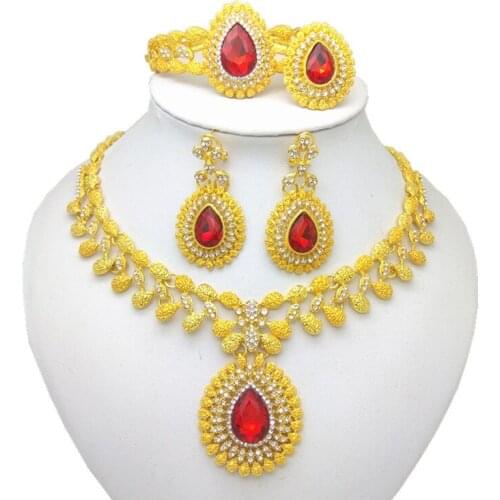 Kingdom Ma Nigerian Wedding Bridal African Gold Color Jewelry Set Dubai Imitated Crystal Necklace Bracelet Earrings Ring Sets
