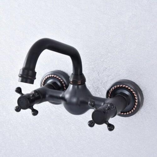 Wall Mounted Bathroom Kitchen Faucet Dual Handle Black Bronze Hot and Cold Water Tap 360 Swivel Spout Kitchen Mixer Tap Lsf726