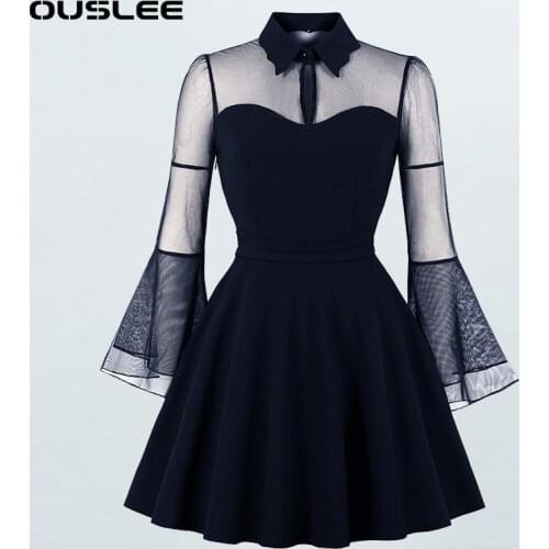 OUSLEE Vintage Turn-down Collar Dress Women Korean Style Flare Sleeves Dresses New Fashion Elegant Party Dress Vestidos Mujeres