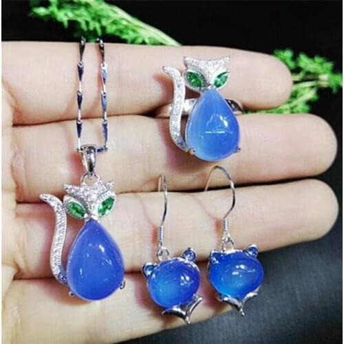 Authentic natural agate Topaz pulp Imperial Green Pink Blue 925 silver fox Ring Pendant Earring inlaid three piece