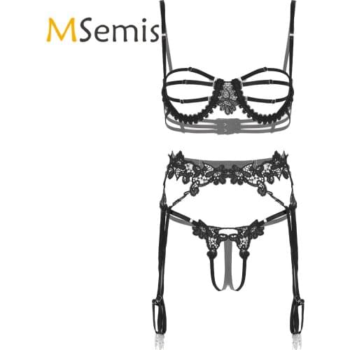 Sexy Women Crotchless Lingerie Suit Crotchless T-back Thong Erotic Set Underwire Bra with Garters Lace Trim Hollow Out Underwear