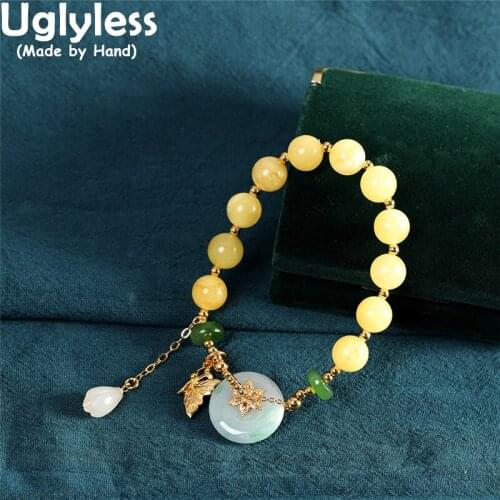 Uglyless Elastic Rope Adjustable Multi Gemstones Bracelets for Women Natural Amber Beeswax Jadeite Bracelets 925 Silver Jewelry