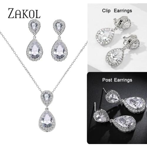 ZAKOL AAA Cz Stone Women Costume Jewelry Sets Big Water Drop Earrings Necklace Sets for Engagement Party Gift FSSP263