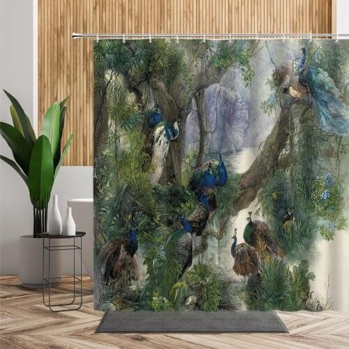 Forest Peacocks Landscape Shower Curtains Chinese Style Blue Feather Home Wall Decor Background Fabric Waterproof Bath Curtain