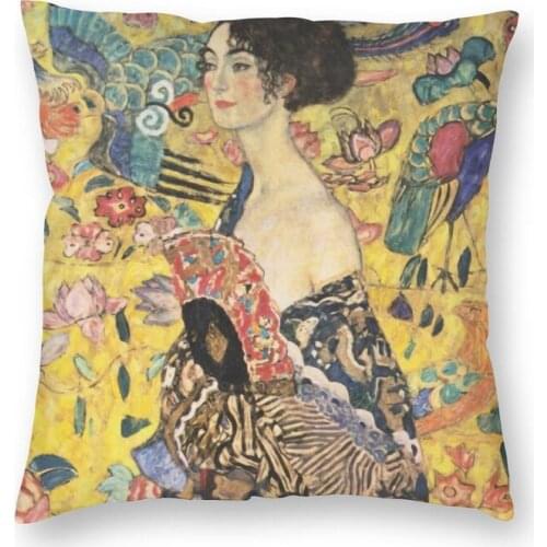 Lady With Fan By Gustav Klimt Cushion Cover Double Side Print Symbolism Art Throw Pillow Case Sofa Pillowcase Home Decorative