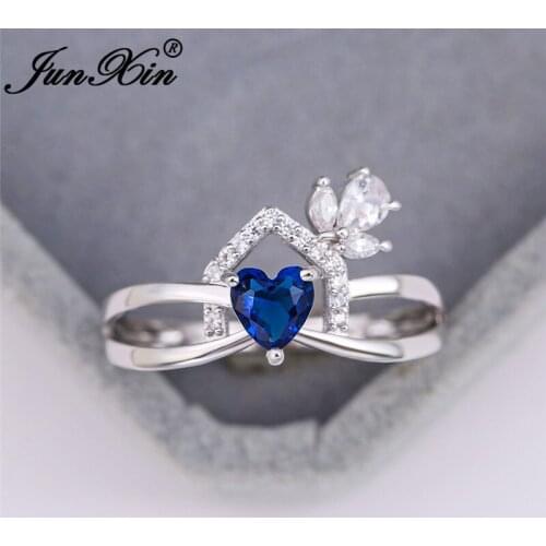 Female Flower Heart Ring Silver Color Royal Blue Zircon Stone Rings For Women Wedding Bands Crystal Ring Valentine Jewelry