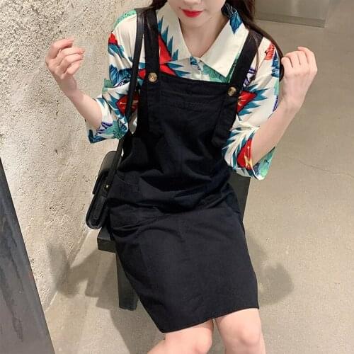 2021 Spring Women 2 Piece Set Outfit Long Sleeve Floral Print Loose Blouse+Solid Cotton Strap Dress Casual Stylish Summer Suits