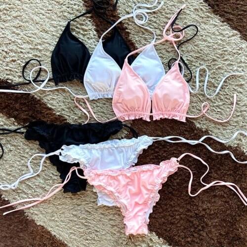 2021 New Fashion Ladies Solid Color Swimsuit Sexy Halter Neck Strap Halter Split Two-piece Swimsuit Swimsuit Bikini Set