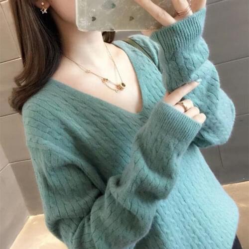 Womens V-neck Solid Color Twist Knit Sweater Bottoming Pullover Loose Long-sleeved Jacket Women Autumn Winter New Sweater Coat