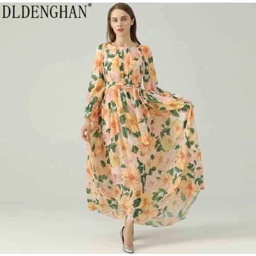 DLDENGHAN Fashion Designer Bohemian Flower Print Dress For Women Lace Up O-Neck Flare Sleeve Maxi Chiffon Dresses Summer New